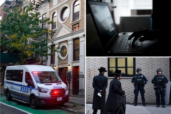 NYPD car outside synagogue.